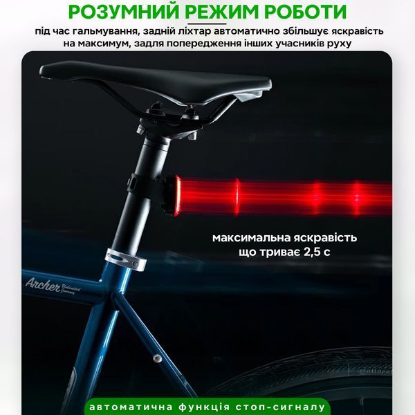 Фонарь стоп задний умный автоматический на велосипед ROCKBROS LT-RR100 Черный RB-LTRR100-5509 фото
