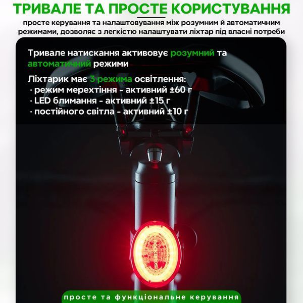 Фонарь стоп задний умный автоматический на велосипед ROCKBROS LT-RR100 Черный RB-LTRR100-5509 фото