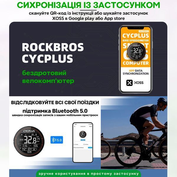 Велокомп'ютер навігатор бездротовий GPS з підсвіткою IPX6 ANT ROCKBROS&CYCPLUS M2 Чорний RB-M2-5517 фото